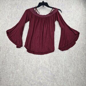 Rue21 Womens Burgundy Off-The-Shoulder Bell Sleeve Crochet Trim Top Size Small